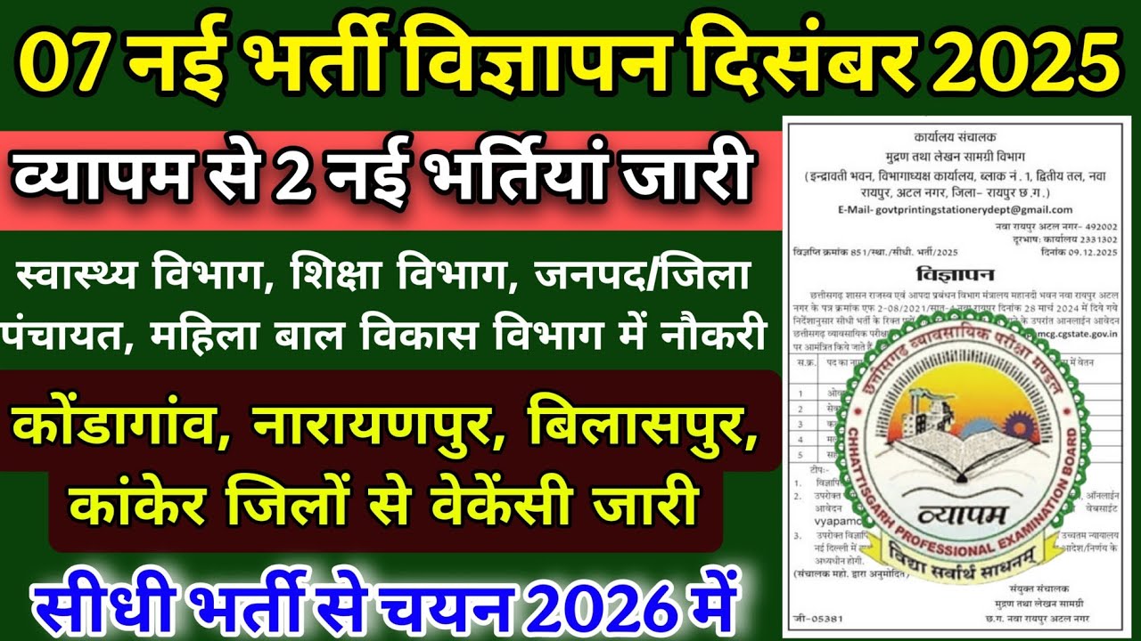 Chhattisgarh 07 new recruitment advertisement released December 2025-26/Cg Latest Vacancy Dec 202...
