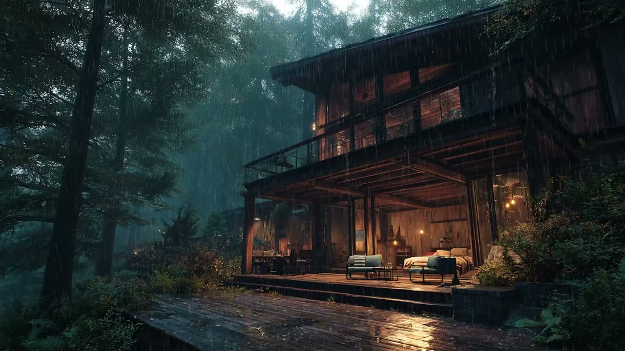 Tropical Rainstorm Outside A Secluded House Deep Within Emerald Jungle Nightfall
