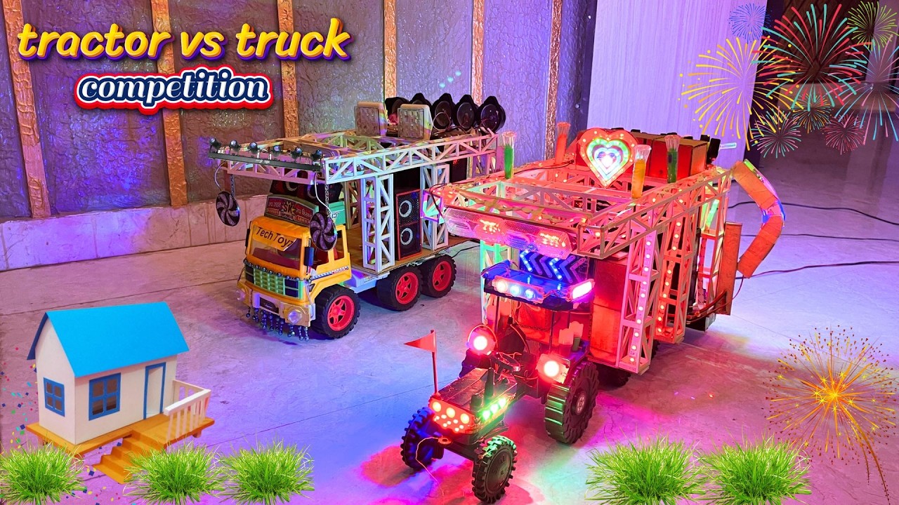 Truck vs tractor dj competition | mini dj truck loading | small cardboard dj truck setup | tech toyz