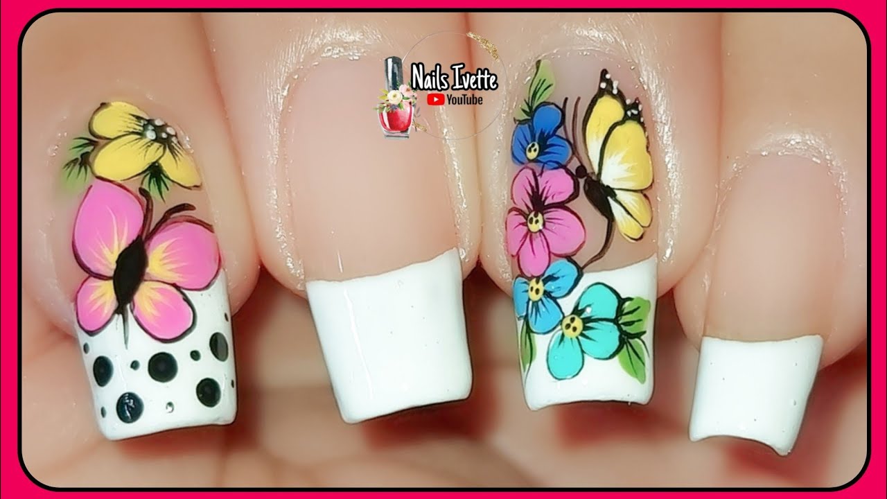 Decoración de uñas a mano alzada con flores y mariposa/uñas decoradas con flores y mariposas