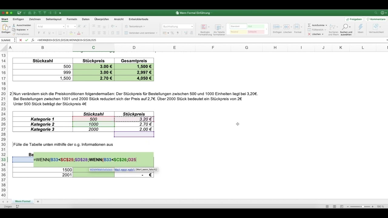 Microsoft Excel Wenn Funktion - Mengenrabatte berechnen