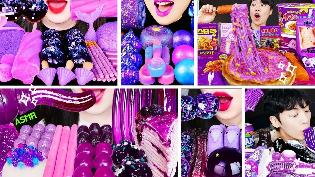 5X SPEED ASMR 💜 PURPLE DESSERTS (BTS Starbucks, Jelly Noodles, Galaxy Candy) No Talking Mukbang