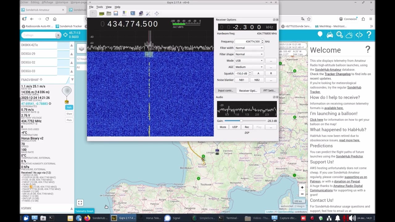 test réception ballon amateur avec logiciel Horus GUI 433mhz
