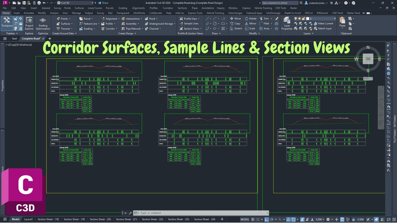 Corridor Surfaces, Sample Lines & Section Views for Road Design | Civil 3D 2026 Tutorial