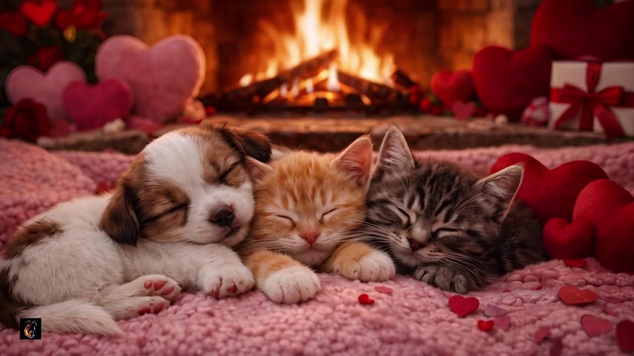 ❤️ Puppy & Kittens Cozy by the Fireplace | Valentine Ambience
