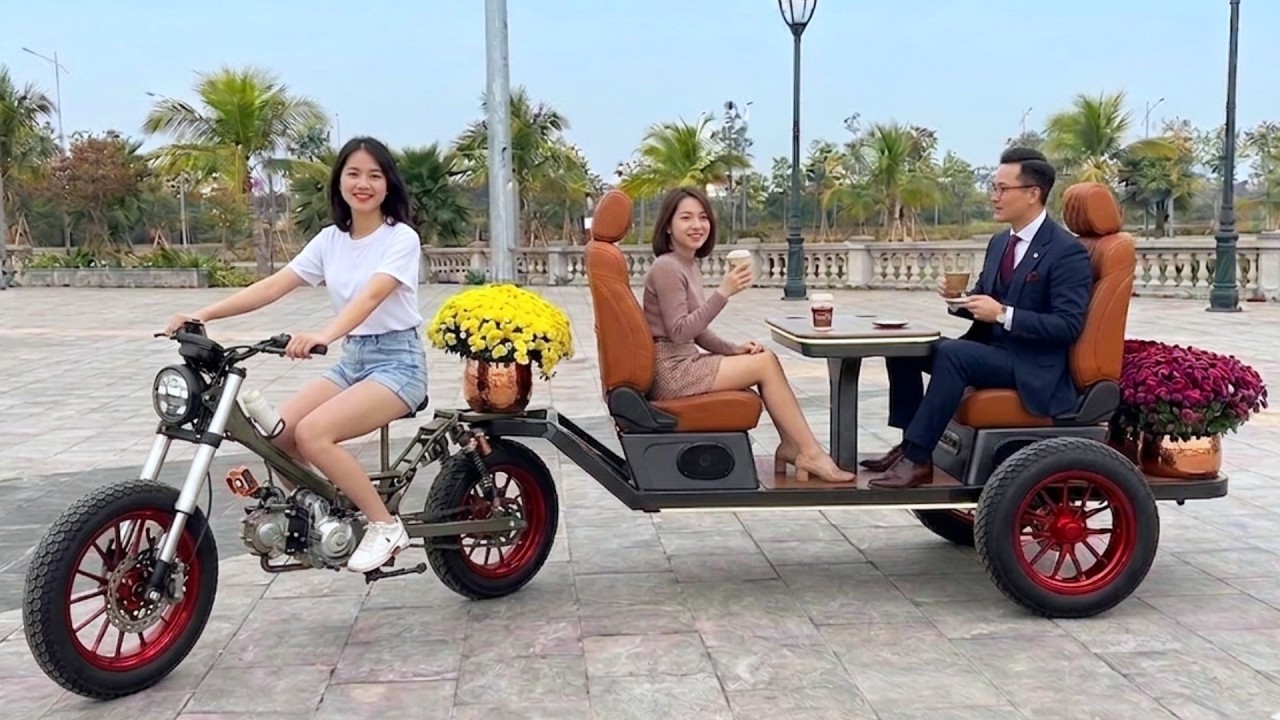Creative Genius Builds a Passenger Trike Towing a Two Wheel Trailer from Scrap