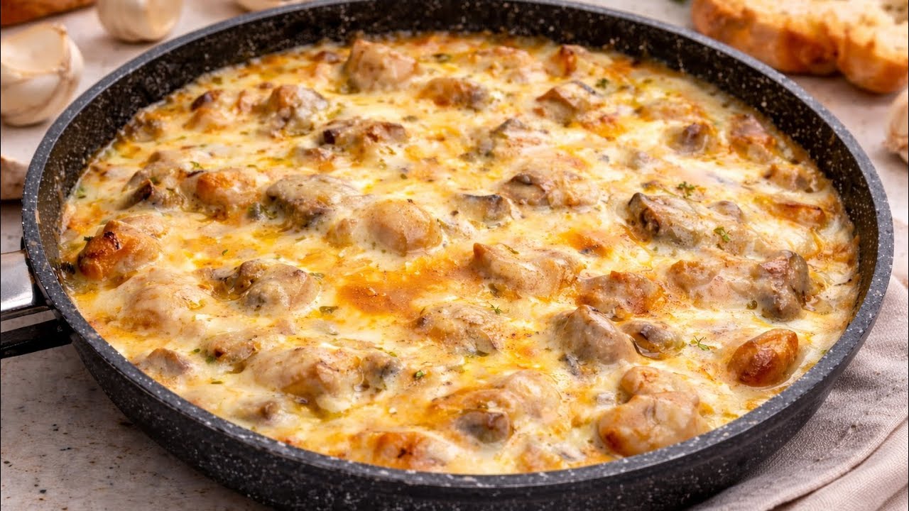 Быстрый и Вкусный Жюльен на сковороде - с курицей, грибами и сыром! 