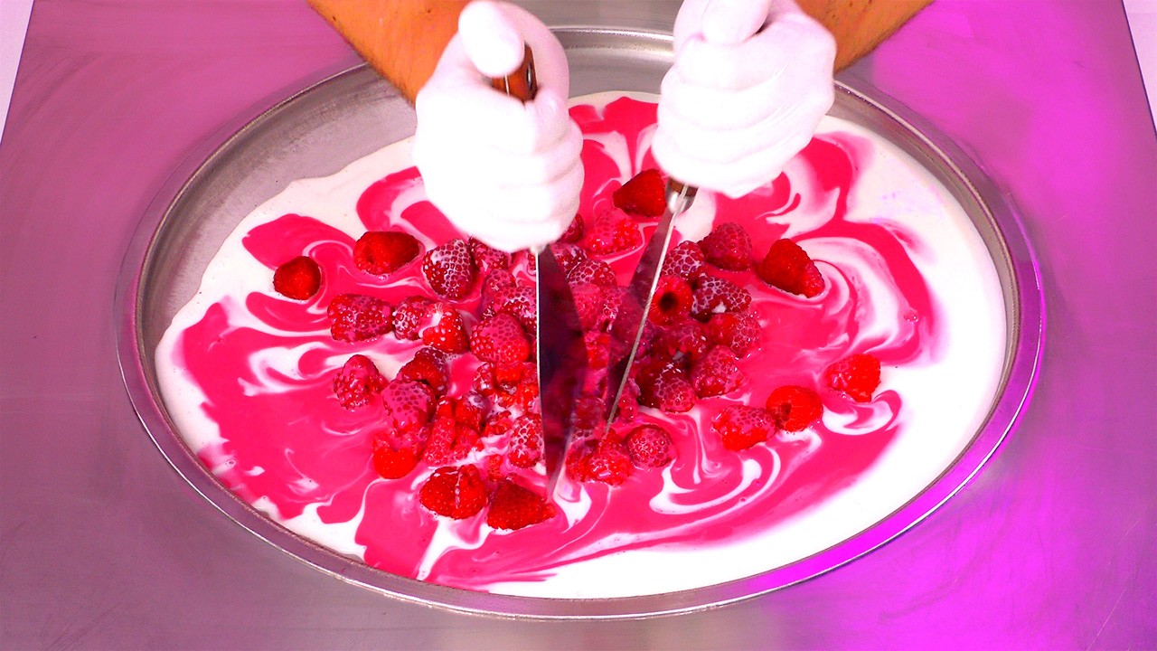 Raspberry Ice Cream ASMR | oddly satisfying Transformation - Raspberries Ice Cream Rolls