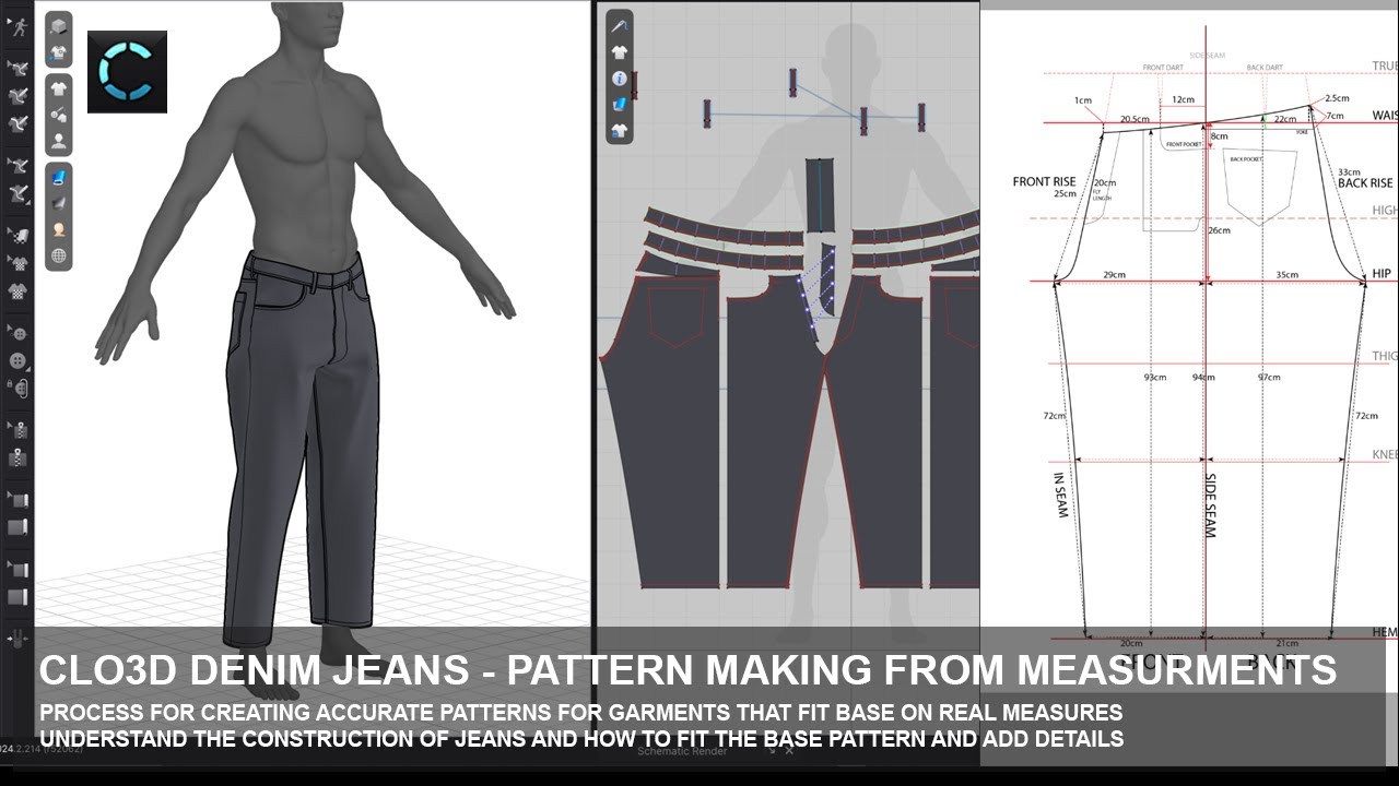 CLO3D Beginners Jeans Pattern Making Draft Pattern Working from Physical Garment Measurments