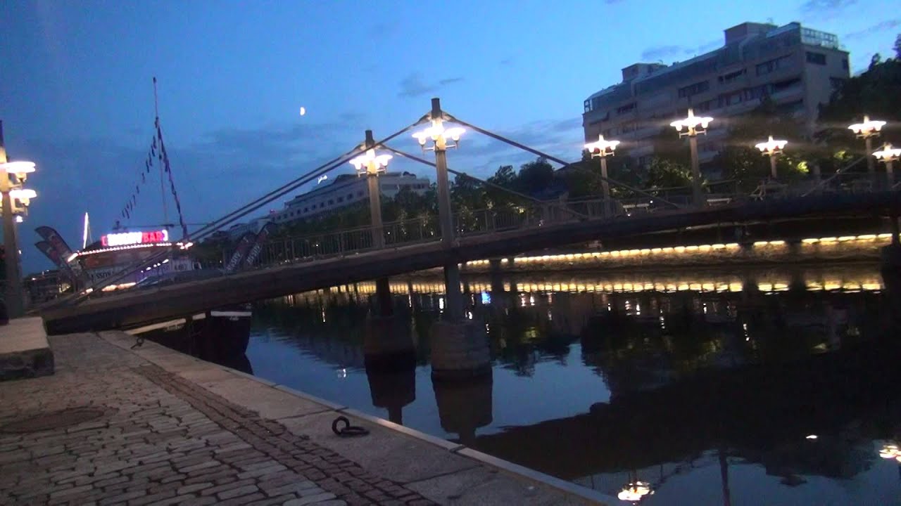 Night in Turku, embankment, night bars on the water