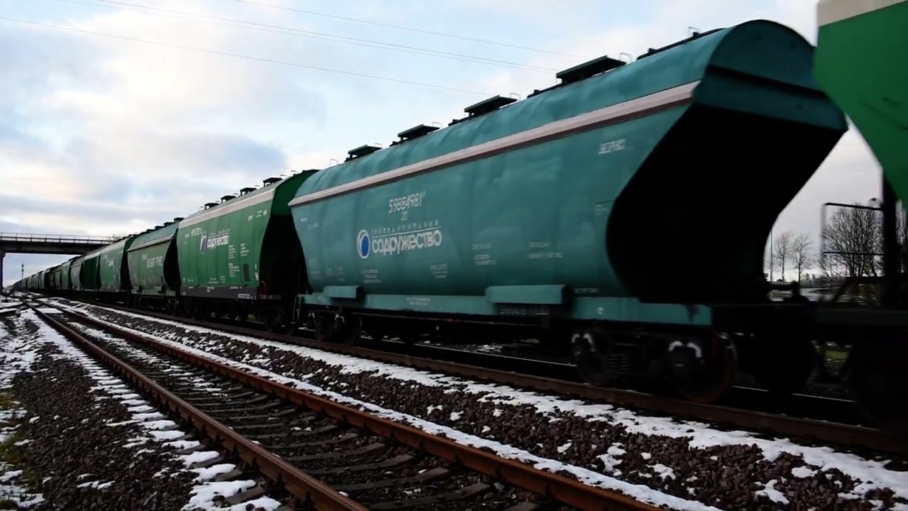 Тепловозы ТЭМ ТМХ 023 и 073 с поездом повышенной длины отправляется со станции Нарва 