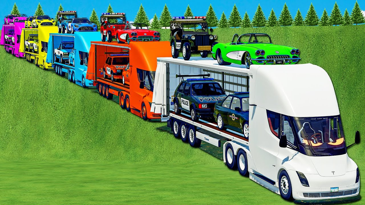 COPS TRANSPORT OF COLORS! JEEP 4X4 POLICE, LAMBO  GOLF, CHEVY & TESLA POWER TRUCKS! FS 25
