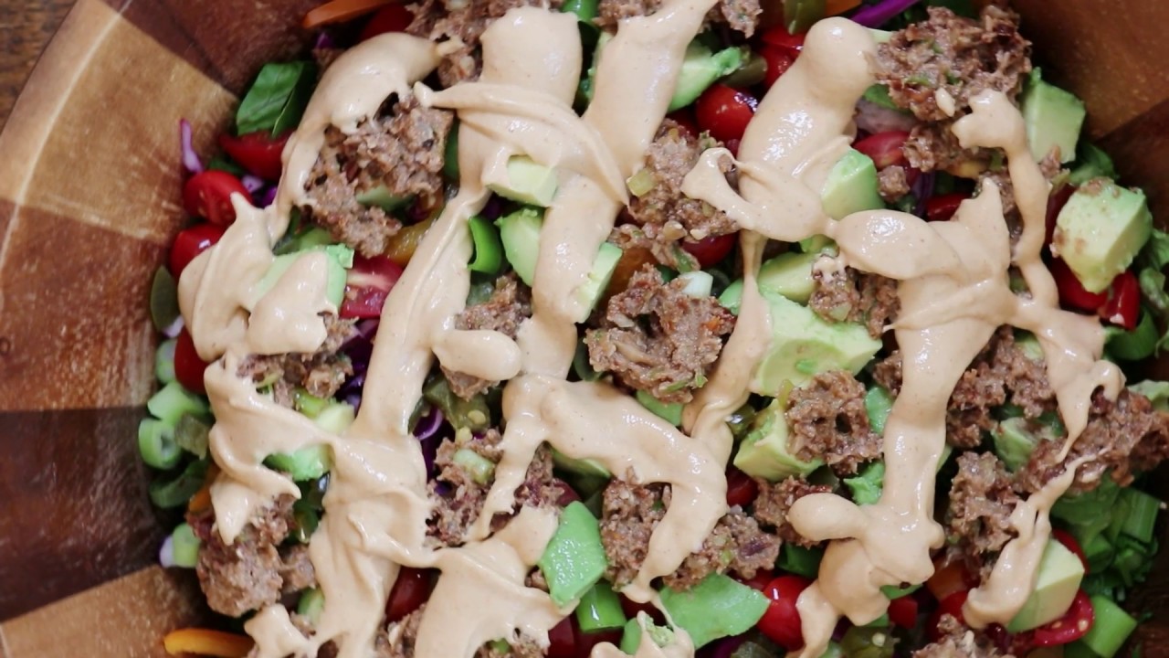 BEST EVER Taco Salad with Raw Vegan Taco Meat & Chipotle Cashew Crema