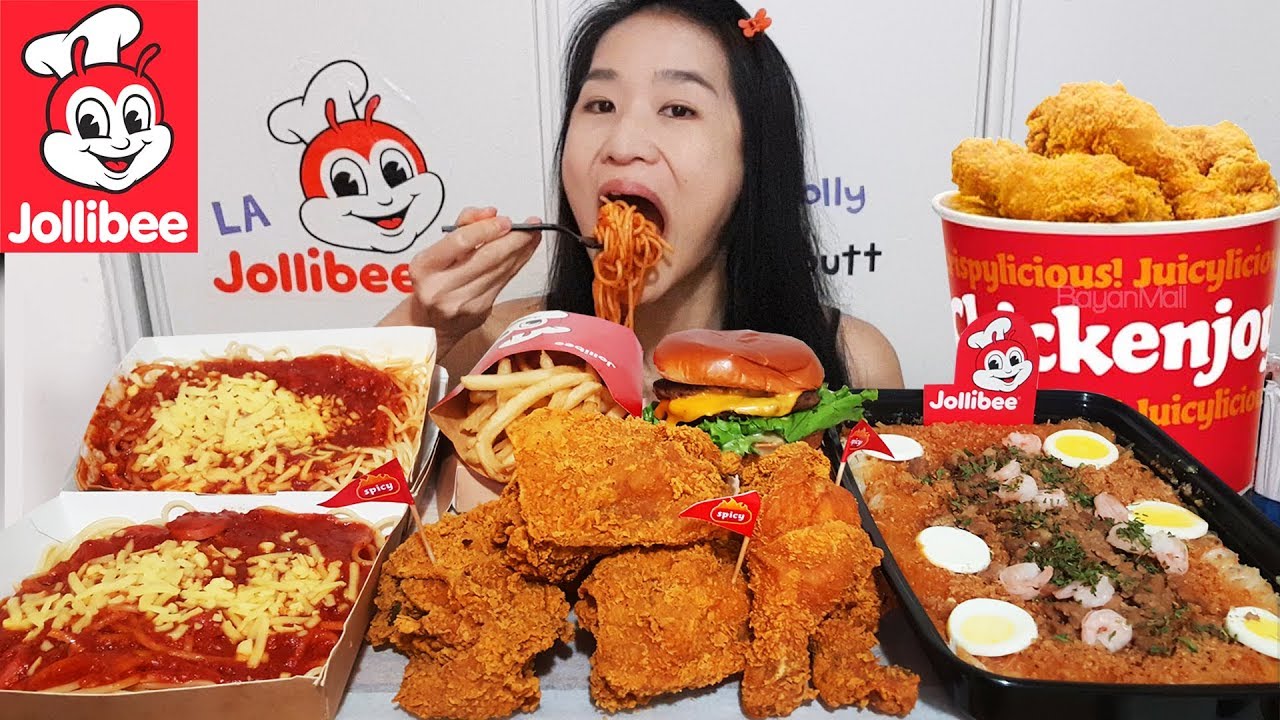 JOLLIBEE FAMILY FEAST IN AMERICA! Spicy Chickenjoy, Palabok Noodles, Spaghetti, Aloha Burger Mukbang