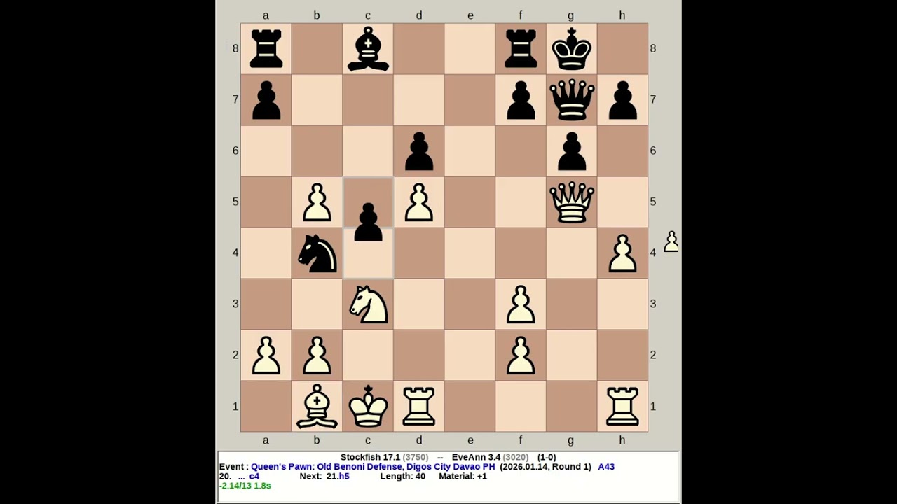 Stockfish 17.1 vs EveAnn 3.4 | Queen's Pawn: Old Benoni Defense #chess