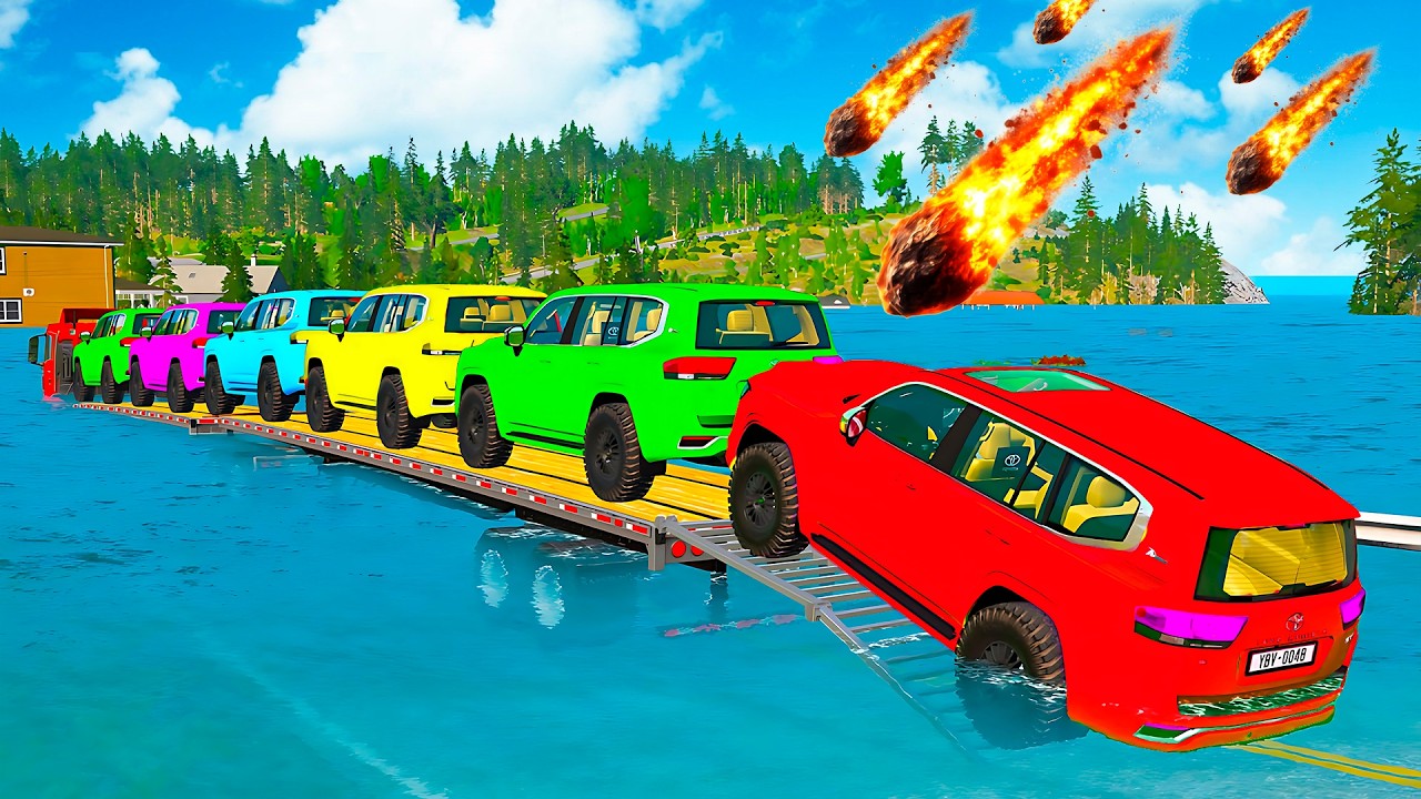Triple Flatbed Trailer McQueen Transportation with Truck - Speedbumps vs Cars vs Train - BeamNG #