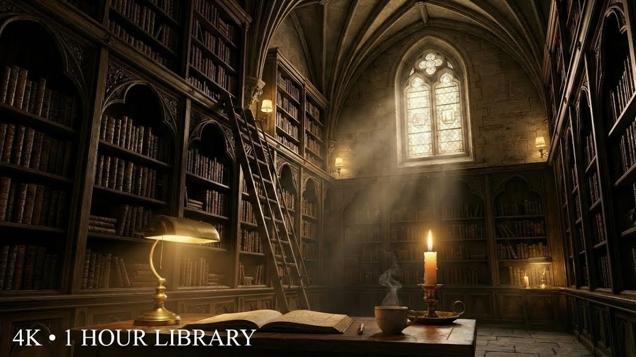 Moonlight Sonata Library Ambience 🎻 Wind, Fire & Writing ASMR (1 Hour) [4K]