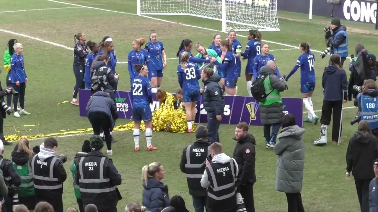 Party time Chelsea at Pride Park after winning the Subway Women's League Cup on 15.03.2025!