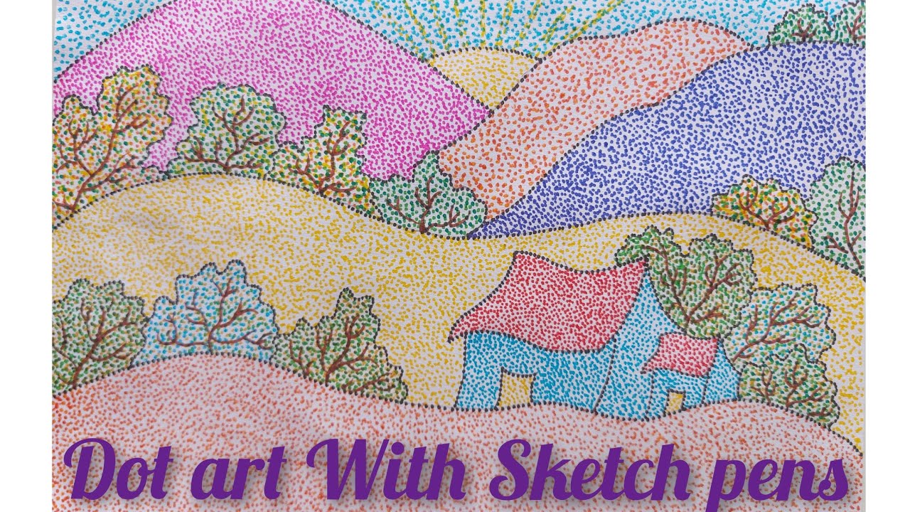 Dot art drawing/simple landscape scenery drawing with sketch pens dots