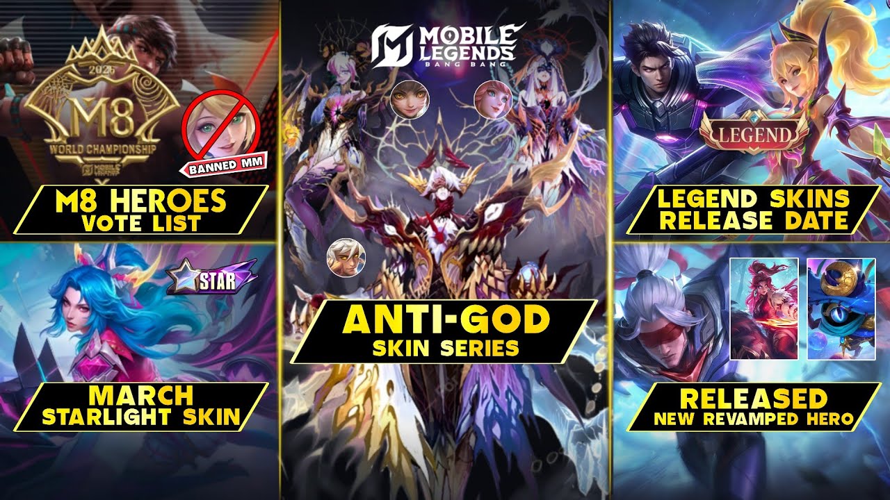 NEW ANTI GODS SKIN, M8 PRIME SKIN VOTE LIST, STARLIGHT MARCH, LEGEND SKIN SCHEDULE - Mobile Legends