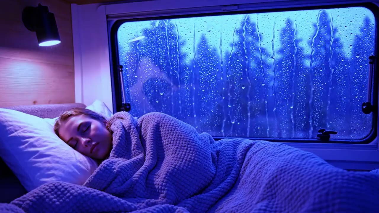 Forest rain ambience pouring onto camper van roof with thunder for deep rest | rain sound