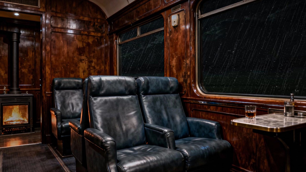 8 Hours of Relaxing Train Ambience | Rainy Night Cabin with Fireplace Sounds
