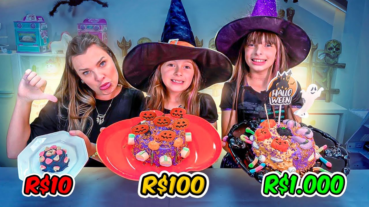BOLO DE HALLOWEEN DE R$1O vs R$100 vs R$1000 ! DESAFIO