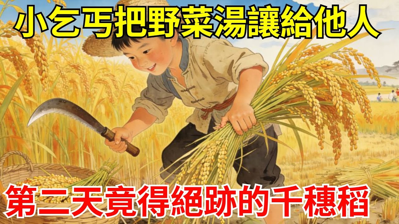 春荒時，饑餓的小乞丐把野菜湯讓給更小的流浪兒。第二天他挖野菜的鐵鏟斷柄，滾出七粒黑種子！農官：這是絕跡的千穗稻！#故事頻道#聽書#民間故事#説書#善有善報#爽文
