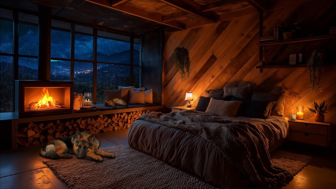 Rain & Windy Night in Cozy Mountain Bedroom | Crackling Fireplace, Sleeping Pets & City Lights