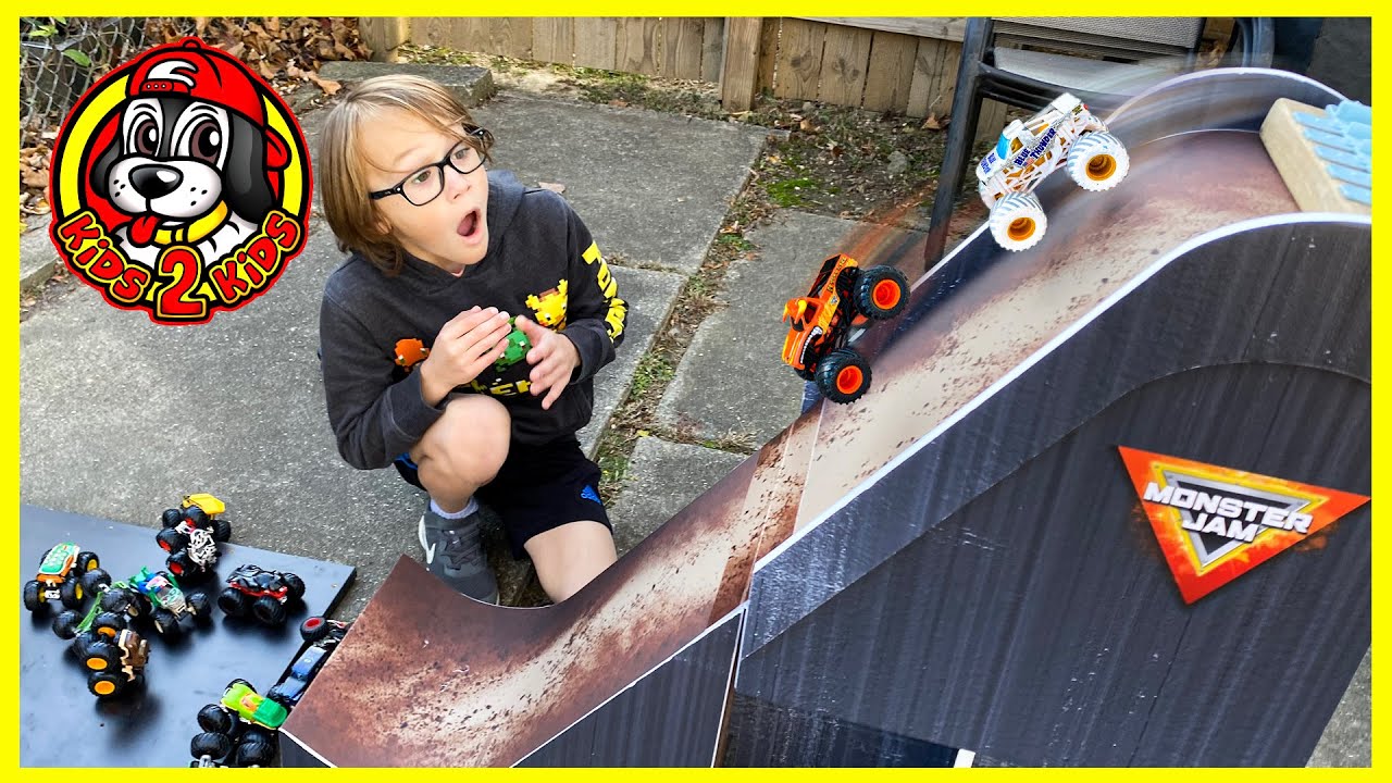 SUPER MEGA Flip Ramp Downhill Monster Truck Race & GIVEAWAY