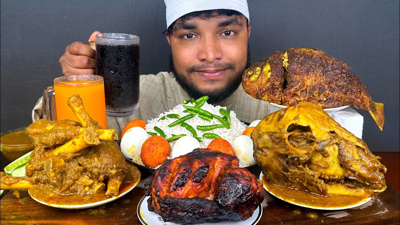 ASMR EATING SPICY MUTTON CURRY, FULL GOAT HEAD CURRY, FULL FISH FRY AND GRILLED CHICKEN, EATING SHOW