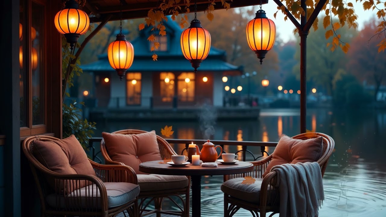 Riverside Café Jazz | Cozy Autumn Evening Ambience (3 HOURS) 4K