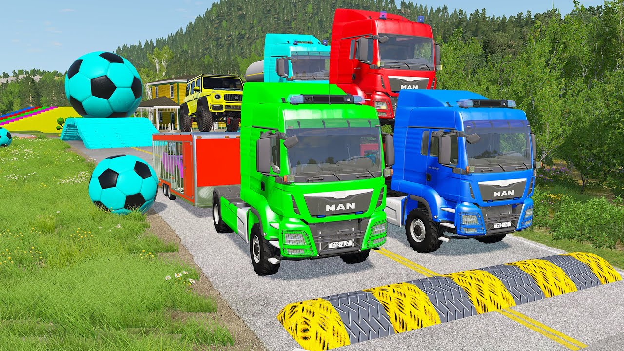 Double Flatbed Trailer Truck vs Speedbumps Train vs Cars | Tractor vs Train Beamng.Drive 058