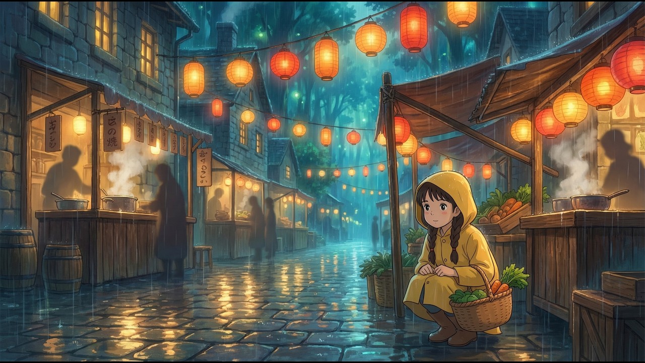 Rainy Evening Market🍜| Cozy Studio Ghibli Inspired ASMR Animation | Relaxing Rain & Lantern Ambience