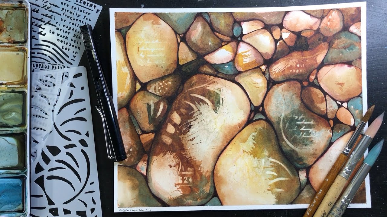 Reverse Stenciling WATERCOLOR & Neurographic Ink Lines - relaxing painting process - 411