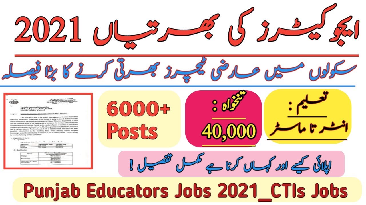 Punjab Educators Jobs 2021 |School Teacher Interns STIs jobs
