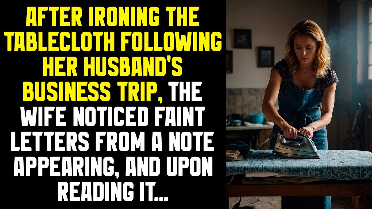 After ironing the tablecloth following her husband's business trip, the wife noticed faint letters