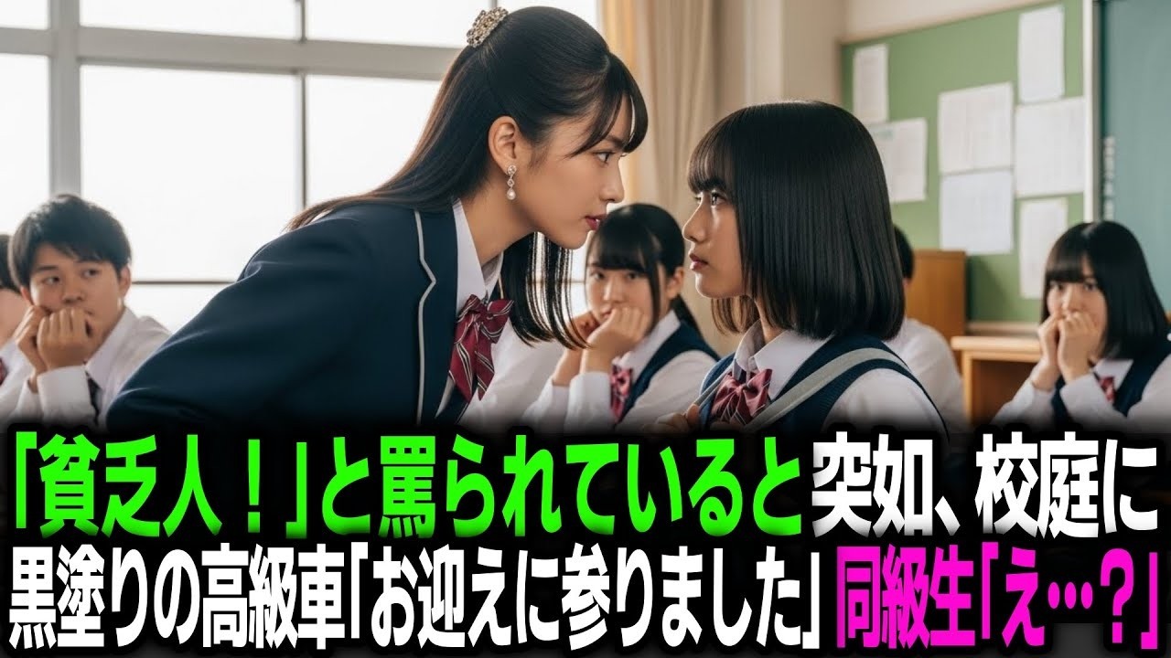同級生に「貧乏人！」と罵られる女子高生。下校時、校庭に黒塗りの高級車が現れ「お嬢様、お迎えに参りました」同級生「…え？」