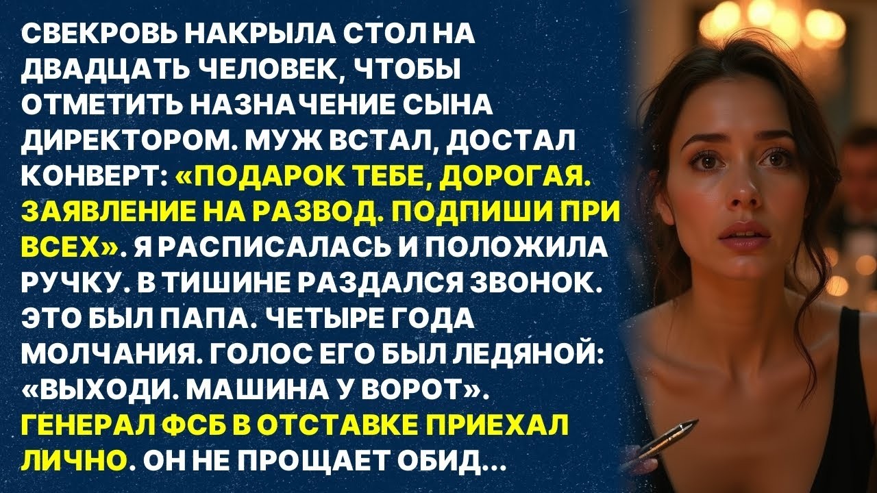 Муж вручил развод при гостях. Свекровь хохотала. А потом позвонил мой отец — ГЕНЕРАЛ ФСБ В ОТСТАВКЕ