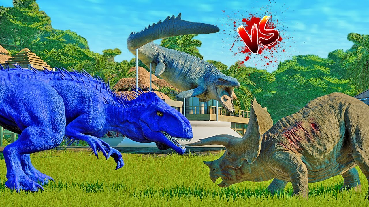Colorful dinosaurs are fighting in the new map. Red T-Rex vs Blue Malusaurus vs Green Spinosaurus