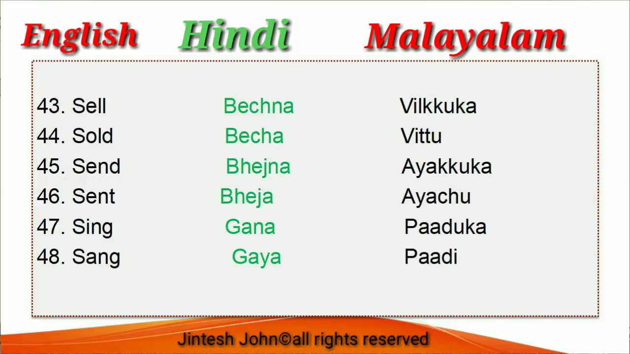 100 Verbs in Hindi, Malayalam and English. V1, V2 forms of verb.
Speak Hindi through Malayalam.