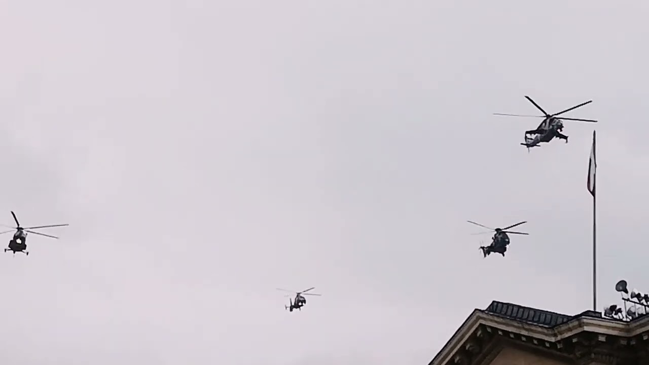 Bulgarian Air Force. Mi 17, Mi 24, Cougar and Panther helicopters flying above capital Sofia.