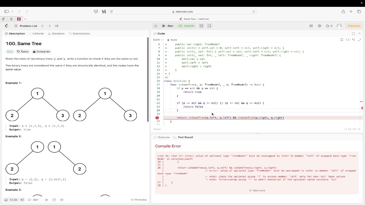 Same Tree (LeetCode #100) &mdash; Swift DFS Solution for Comparing Binary Trees