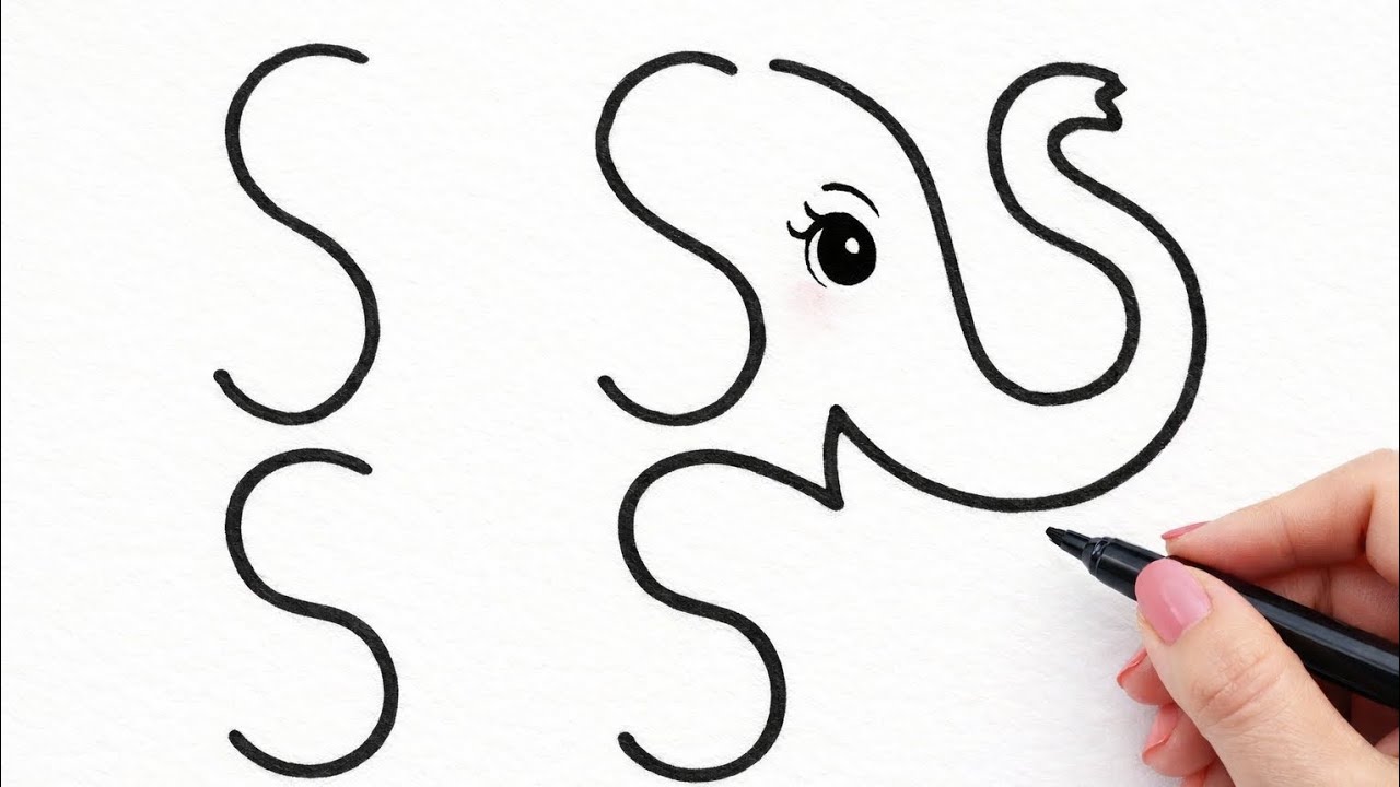 How to draw an Elephant with the letter S || easy drawing step by step Tutorial 