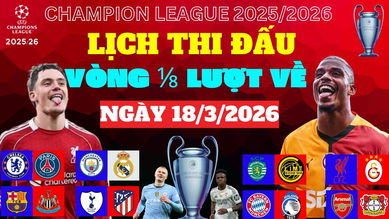 LỊCH THI ĐẤU UEFA CHAMPIONS LEAGUE  2026 VÒNG 1/8 LƯỢT VỀ MỚI NHẤT(18/3/2026)-PREMIER LEAGUE YẾU THẾ
