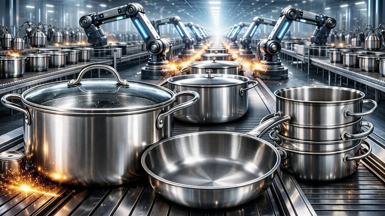 Ultra Shiny Steel Cookware Factory – How Robots Make Perfect Pots & Pans Satisfying 8k ASMR