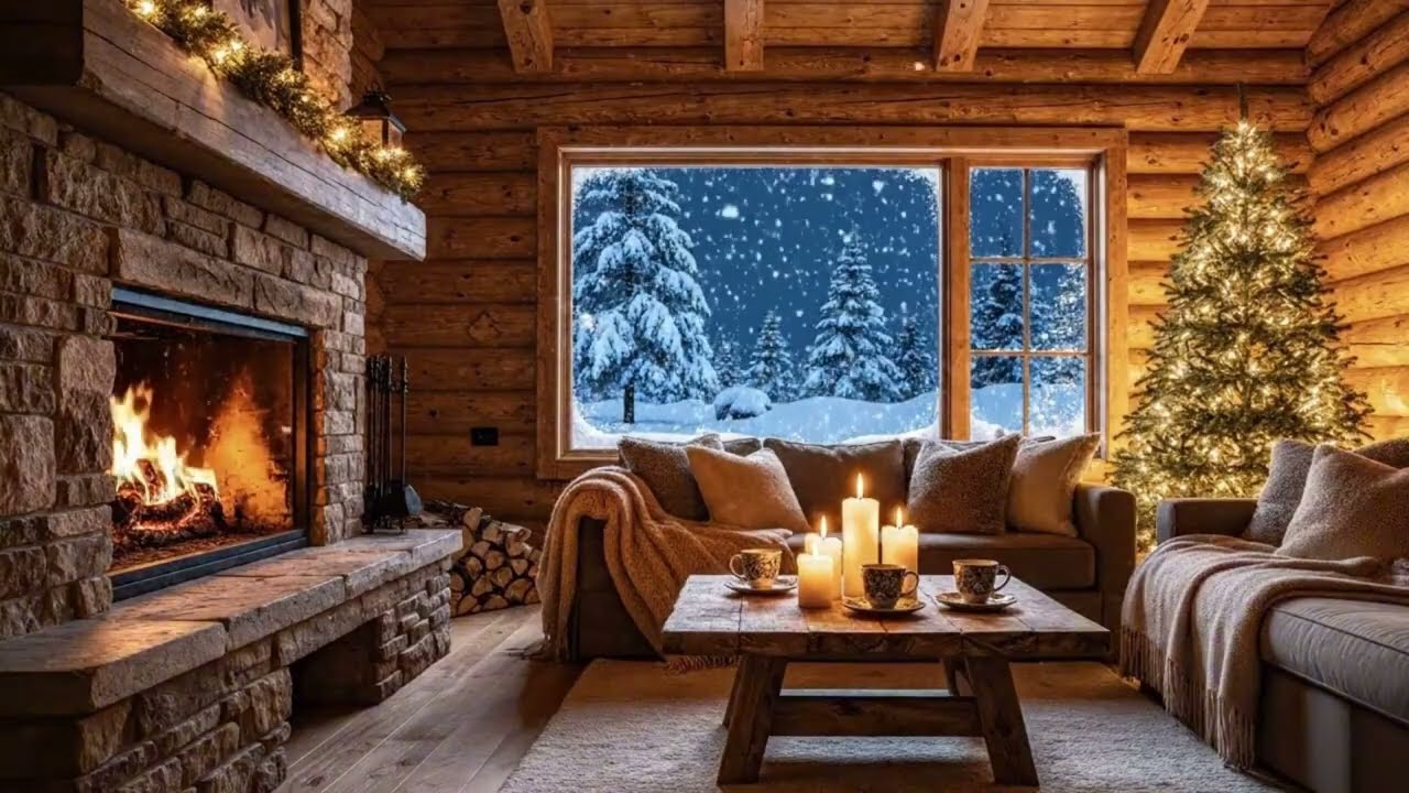 Cozy Winter Cabin Fireplace 🔥 | Snowfall Outside Window | Relaxing Ambience