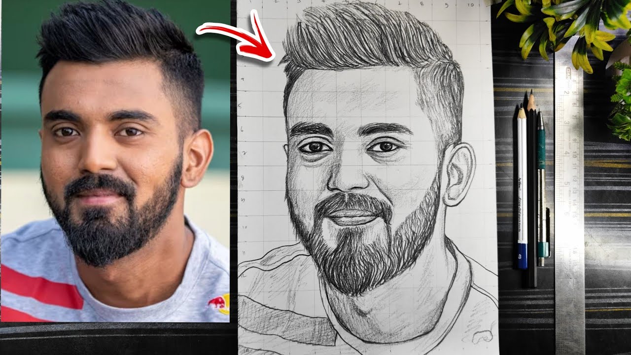 KL Rahul Drawing, How To Draw Cricketer KL Rahul, KL राहुल को चित्र कैसे बनाए, Grid Outline Tutorial