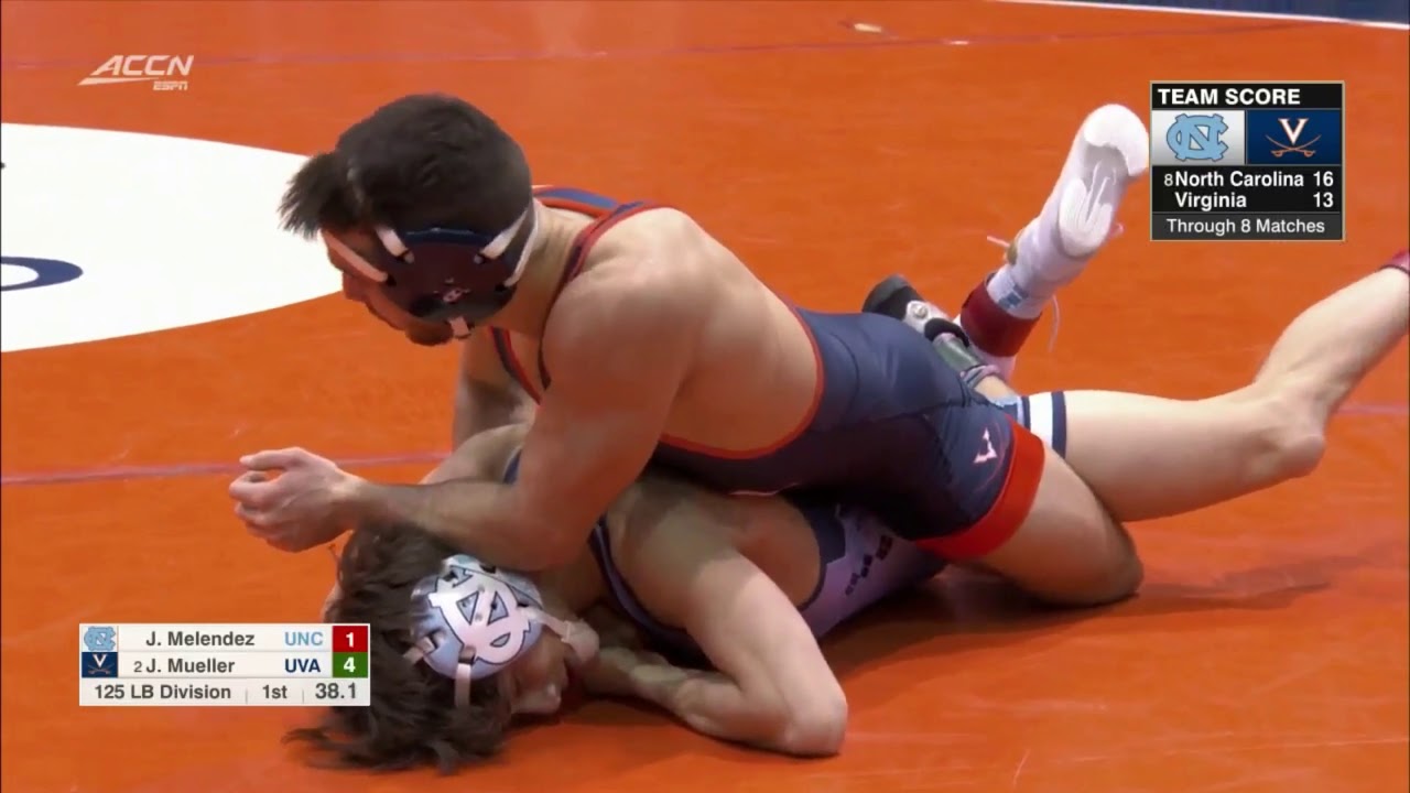 125lbs Jack Mueller (Virginia) tech fall Joey Melendez (UNC)