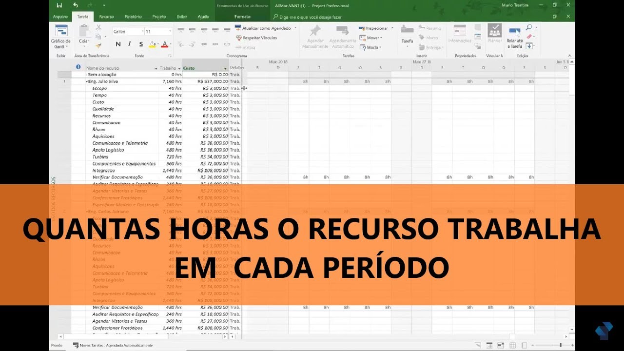Quantas Horas o Recurso Trabalho em Cada Periodo? Microsoft Project Professional